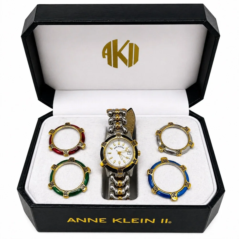 Anne Klein II Vintage Watch Set Two Tone Leather Strap 4 Interchangeable Bezels